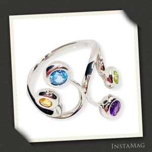 18K WHITE GOLD MULTICOLOR GEMSTONES Contemporary Curve Twist Design Ring
